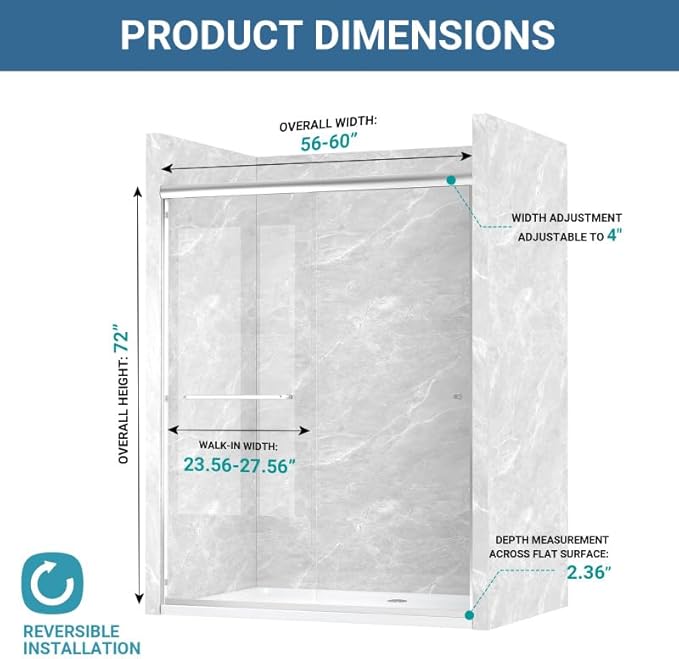 Glass Sliding Shower Door 56-60" W x 72" H, Semi Frameless Double Sliding Bathroom Shower Door, 1/4"(6mm) Clear Tempered Glass, Nano Easy Cleaning Coated, ANSI Cerified, Brushed Nickel