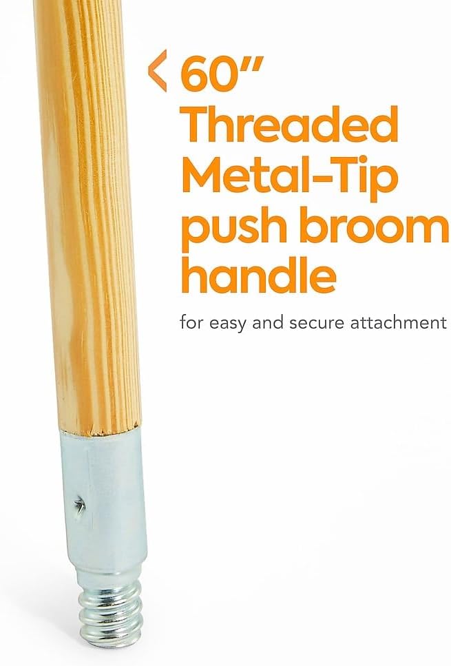 Professional 60" Wood Push Broom Handle, Threaded Metal Tip