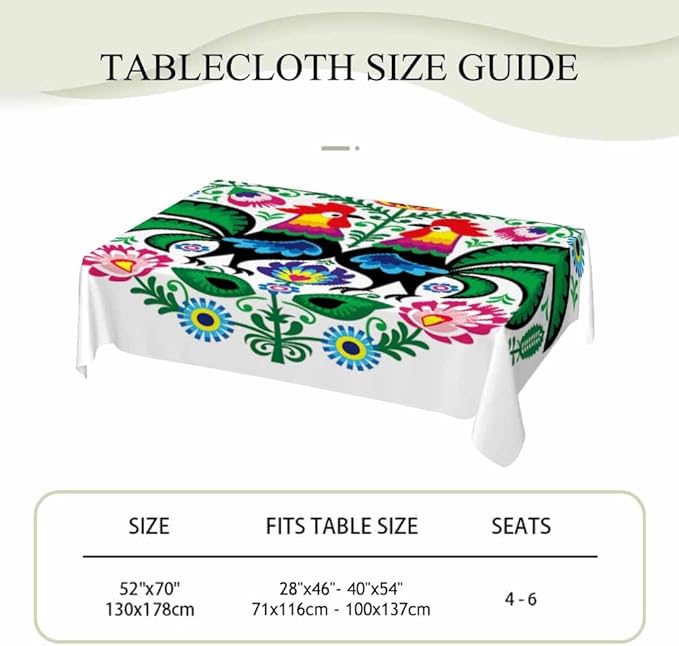 Rooster Table Cloth Rectangle Table Polish Folk Art Floral Leaves Flowers Cock 52x70 Tablecloths Decorative for Dining Kitchen Banquet Picnic Party