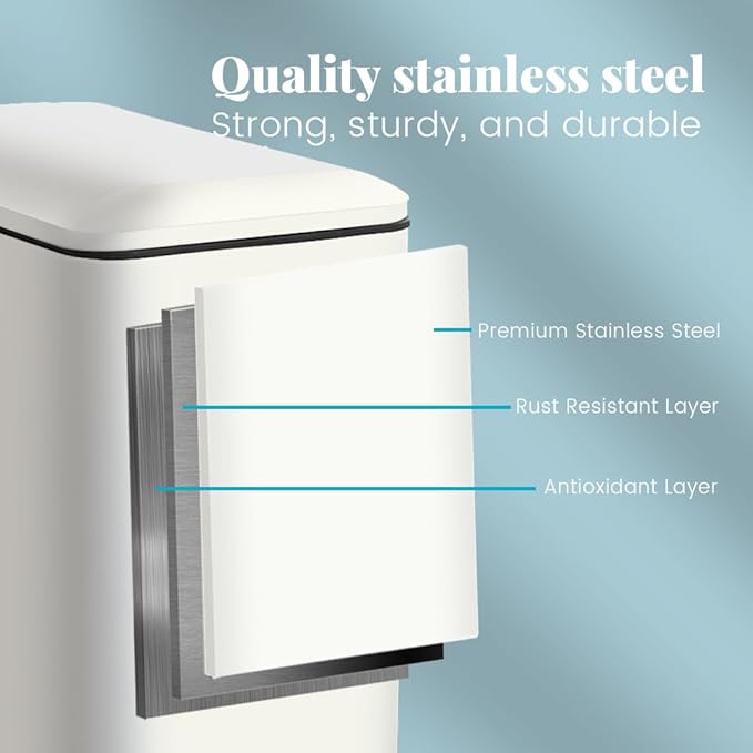8 Gallon Trash Can with Lid, Stainless Steel Kitchen Trash Can with Removal Inner Bucket, Soft Close & Stay Open, Step Trash Bin for Kitchen, Office, Laundry, Bathroom, 30 Liter, White