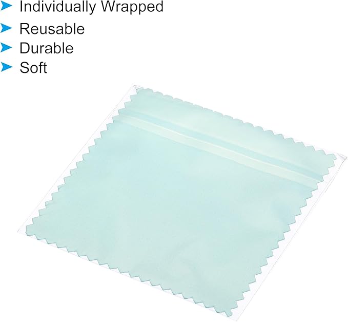 PATIKIL 3.15x3.15" Jewelry Cleaning Cloth, 100Pcs Individually Wrapped Double-Sided Microfiber Polishing Cloth for Silver Gold Brass Platinum Jewelry, Light Blue