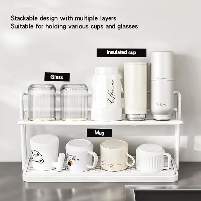 2-Tier Space-Saving Drain Rack with Removable Tray, Cup Storage Rack for Kitchen Sink, Dish Drying Organizer (White)