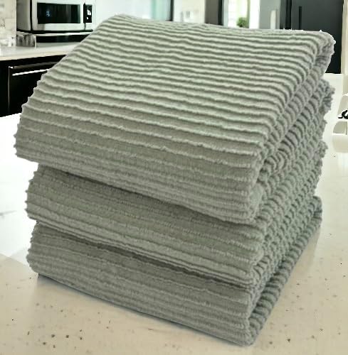 Serafina Home Sage Green Kitchen Dish Towels 100% Cotton Cloth Soft Cleaning Drying Absorbent Terry Ribbed Loop: Set of 3 Multipurpose for Everyday Use