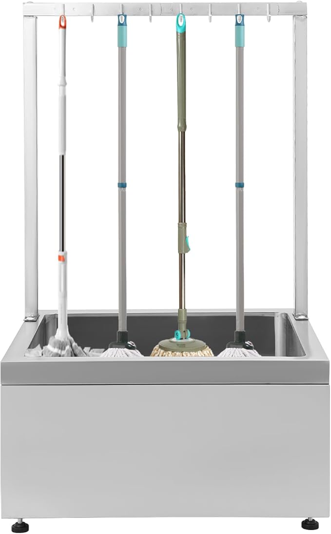 Stainless Steel Floor Mop Sink, Mop sink with Cleaning Tool Rack, Floor Standing Cleaning Tool Storage For Kitchen, Restaurant, Garages, Heavy Duty, Load 660 LBS