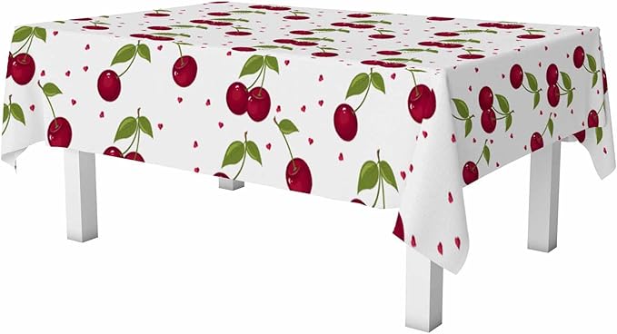 Red Cherry Table Cloth Rectangle Table Sweet Red Ripe Cherries Green Leaves 52x70 Tablecloths Decorative for Dining Kitchen Banquet Picnic Party