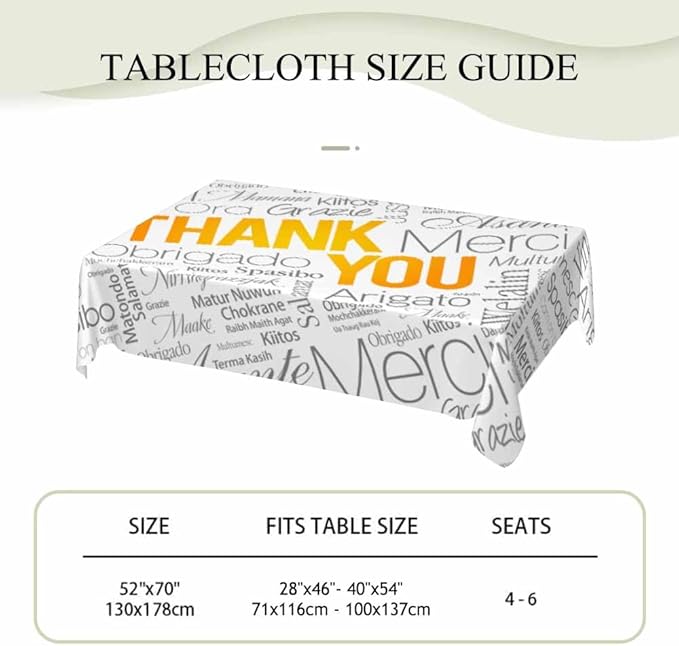 Thank You Tablecloths for Rectangle Tables Thank You Word Cloud in Different Languages 52x70 Table Cloth for Wedding Party Banquet,Dining Kitchen Table Cover