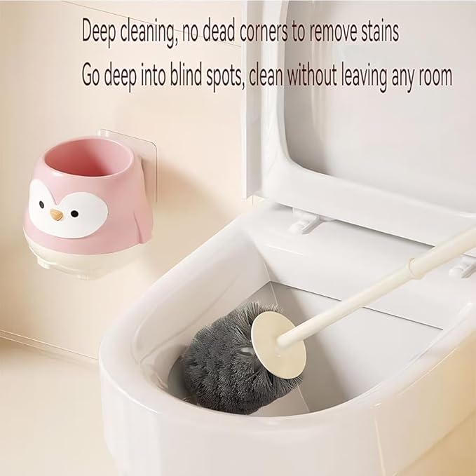 Penguin Toilet Brush and Holder Set - Cute Cartoon Long Handle Bathroom Cleaning Brush for Effective Home Use(Blue)