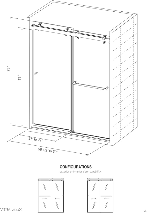 VITRA-200 56.5-59" W x 78" H Twinglide Frameless Shower Door w/ 3/8" Clear Tempered Glass (Brushed Nickel)