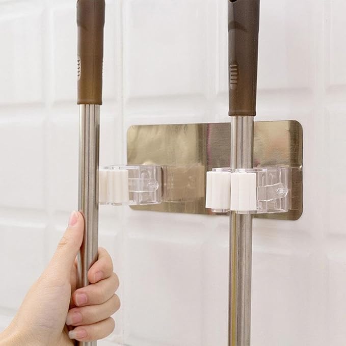 SEIWEI 3 Pcs Wall Mounted Mop Holder Self-Adhesive Broom and Mop Grippers Saving Space Mop Broom Organizer for Hang Brooms, Mops, Cleaning Brushes, Umbrellas(Double gray)