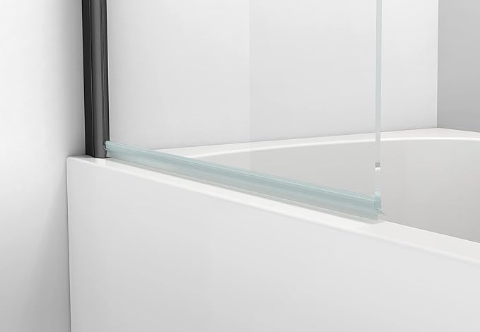 Sunrosa Pivot Tub Shower Door 34"58", Folding Bathtub Door With Tempered Glass, Frameless With Towel Bar, for Bathtub in Matte Black Grid Pattern 1