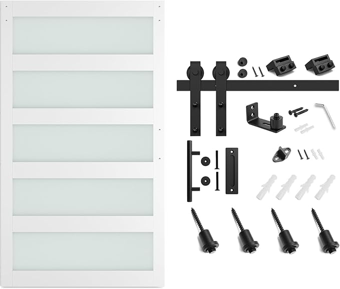 SmartStandard 48 x 84 in Glass Barn Door with 8FT Sliding Hardware Kit & Handle, Pre-Drilled Ready to Assemble, Waterproof PVC Coating, White, 5-Panel Glass