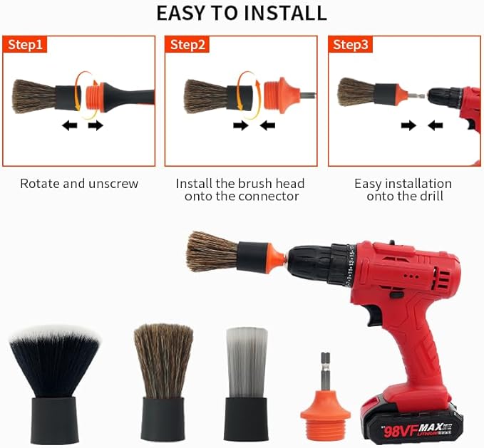 Car Drill Brush, 4Pcs Detachable Car Detail Drill Brush Set(Soft No Scratch Hair, Boar Hair, PP Bristis, Drill Brush Attachment Head), Drill Brush for Air Vent Automotive Interior Exterior
