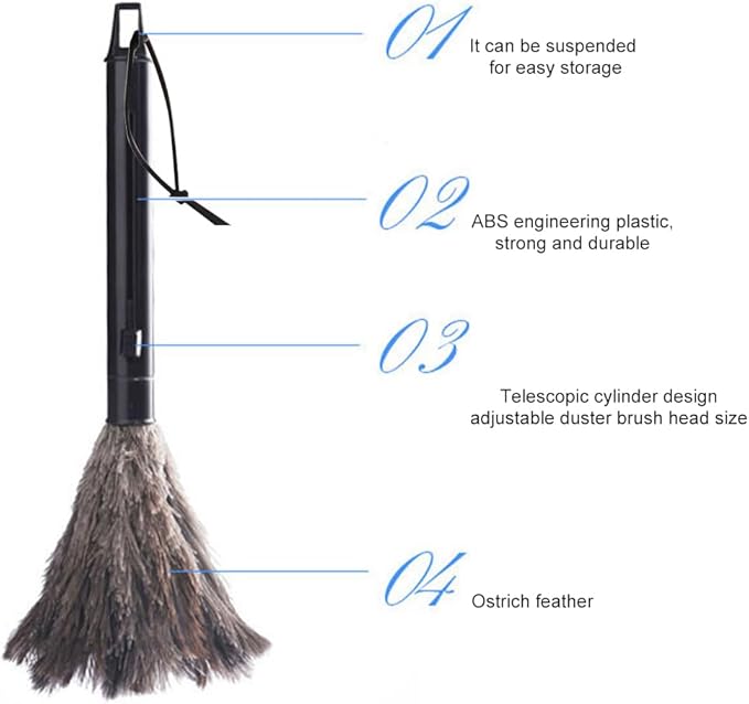 2pcs Ostrich Feather Duster for Cleaning, 9.8-16 inch Fluffy Natural Retractable Feather Duster with Retractable Handle (Black)