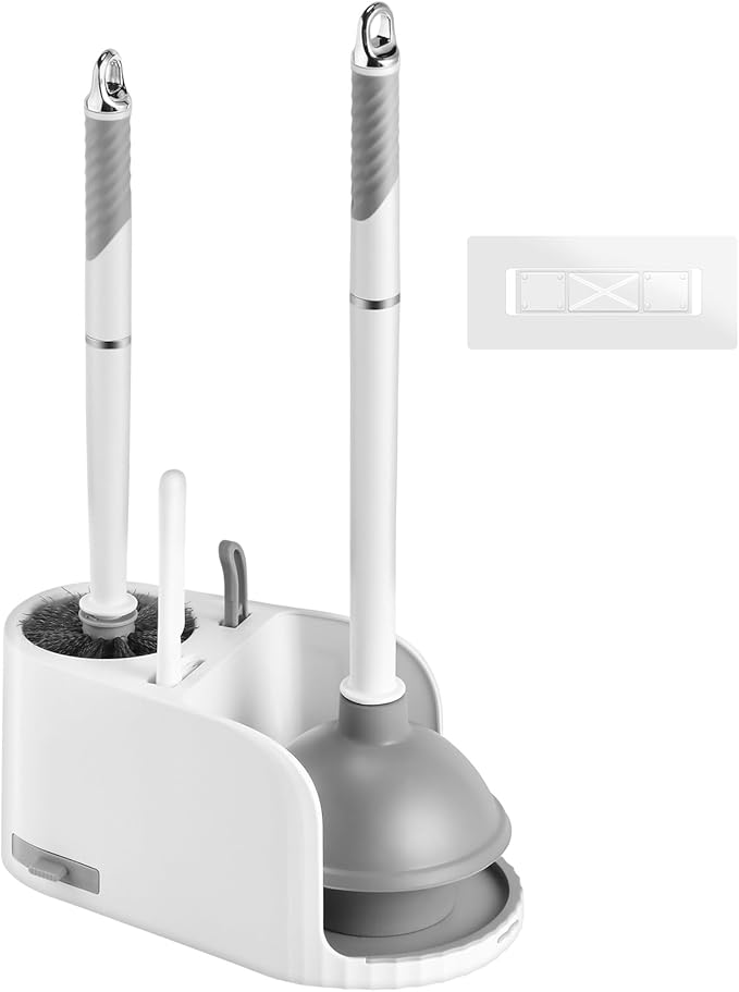 Toilet Brush and Plunger Set 4 in 1 Toilet Brush and Holder with Crevice Cleaning Brush and Clip Deep Cleaning, Wall Mounted Home Bathroom Cleaning Tool Combo （Gray 1）