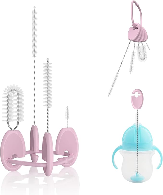 Baby Straw Brush Set, 4 Piece Cleaner Kit with Standable Key Ring, for Sippy Cups, Weighted Straw Cups & Baby Bottles – Designed for 0–24 Months, Pink