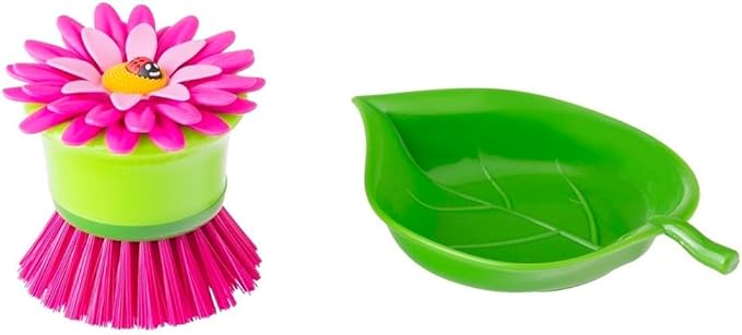 Vigar Flower Palm Dish Scrub Brush with Holder, Perfect Kitchen Brushes for Dishes, Sink Brush and Cleaning Brushes for Household Use, Pink, Green