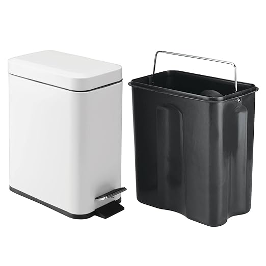 mDesign Metal Freestanding Slim Toilet Bowl Brush and Holder + Rectangle Narrow 5 Liter / 1.3 Gallon Step Pedal Trash Can Wastebasket for Bathroom - Small, Compact Design - Set of 2 - White