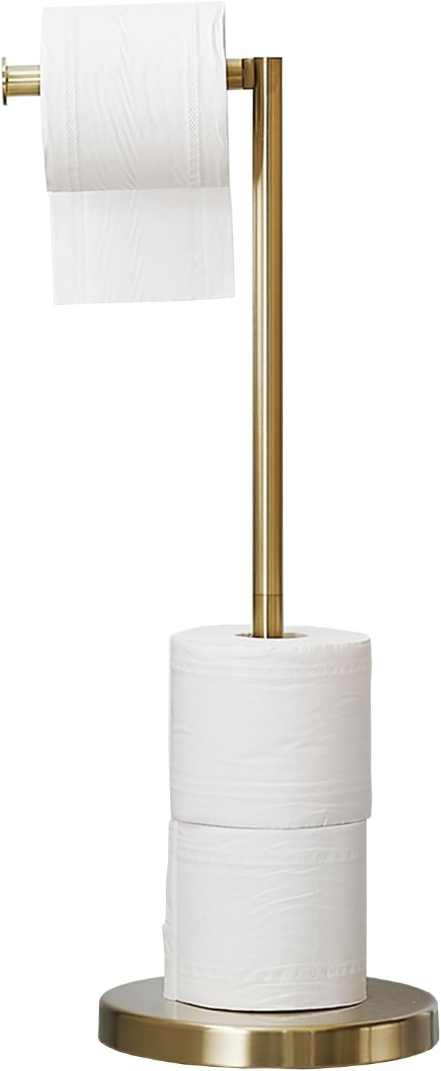 BWE Brushed Gold Toilet Paper Holder Stand Modern Tissue Roll Holder Storage for 4 Rolls of Paper, Stainless Steel Free Standing Toilet Paper Holder Bathroom Accessories with Weighted Base