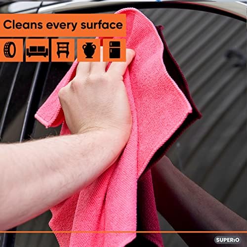 Superio Microfiber Cleaning Cloth for Cars, Kitchen Cleaning Rags for Housekeeping, 16" Micro Fiber Towels for House, Bathroom Absorbent All-Purpose Streak-Free lint-Free Wash Cloths (3 Pink)