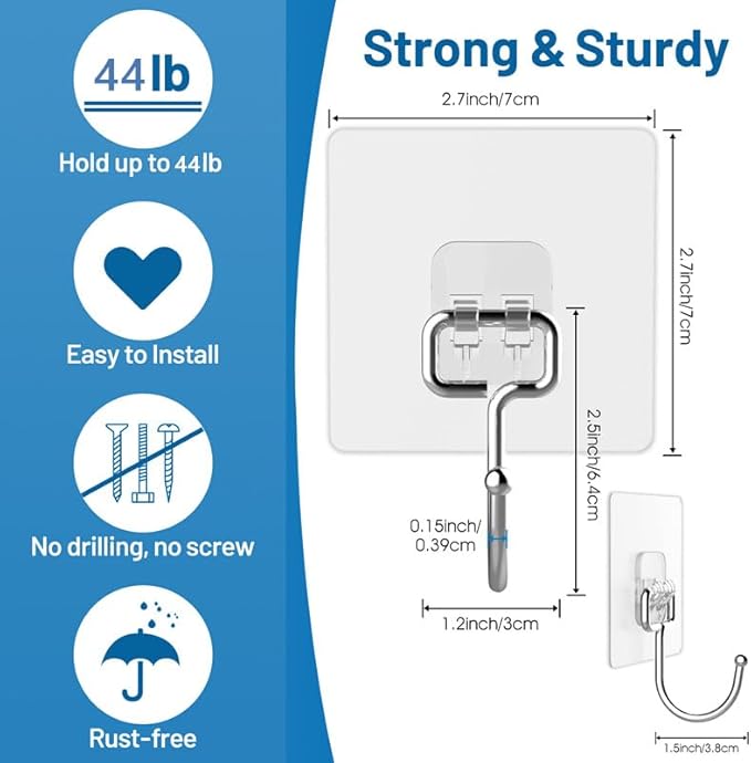 Adhesive Hooks Heavy Duty 44lb(max), Rustproof Adhesive Hooks for Hanging Bag, Coat, Towel etc, Strong Stick on Hooks for Hanging Heavy Duty for Bathroom, Kitchen, Home, 8 Pack