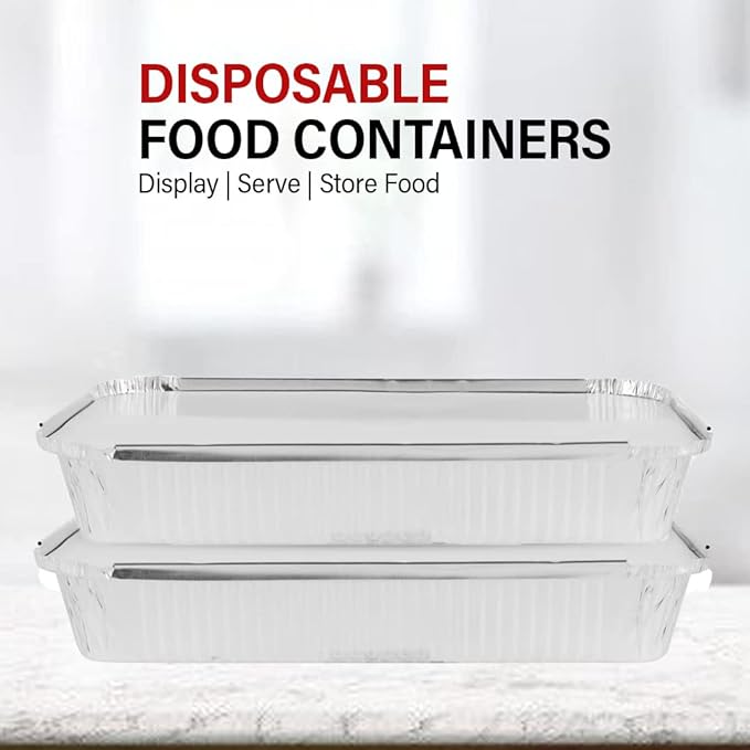 PARTY BARGAINS 4 lb Aluminum Pans with Board Lids, 40 Pack – 12 x 8 in Disposable Foil Roasting & Steam Table Pans for Catering, Takeout, Meal Prep, Oven Safe up to 240°C