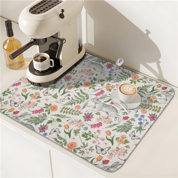 Easter Bunny Dish Drying Mat for Kitchen Counter,Colorful Flowers Sage Green Leaves Vintage Botanical Plants Drying Mat 16 x 18 Inch with Absorbent Reversible Microfiber Drying Pad for Coffee Bar