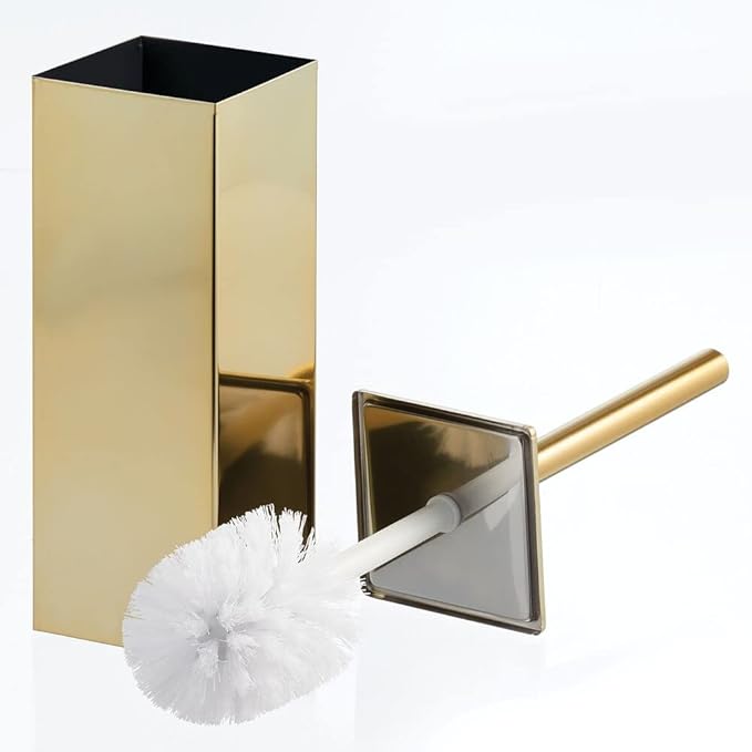 mDesign Steel Square Modern Toilet Bowl Brush and Holder for Bathroom Storage and Organization, Compact Free-Standing Design, Covered Brush - Sturdy, Deep Cleaning - Citi Collection - Soft Brass