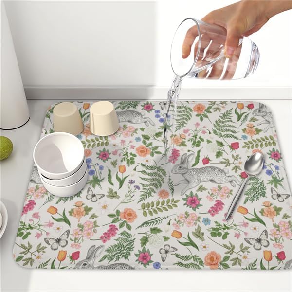 Easter Bunny Dish Drying Mat for Kitchen Counter,Colorful Flowers Sage Green Leaves Vintage Botanical Plants Drying Mat 16 x 18 Inch with Absorbent Reversible Microfiber Drying Pad for Coffee Bar