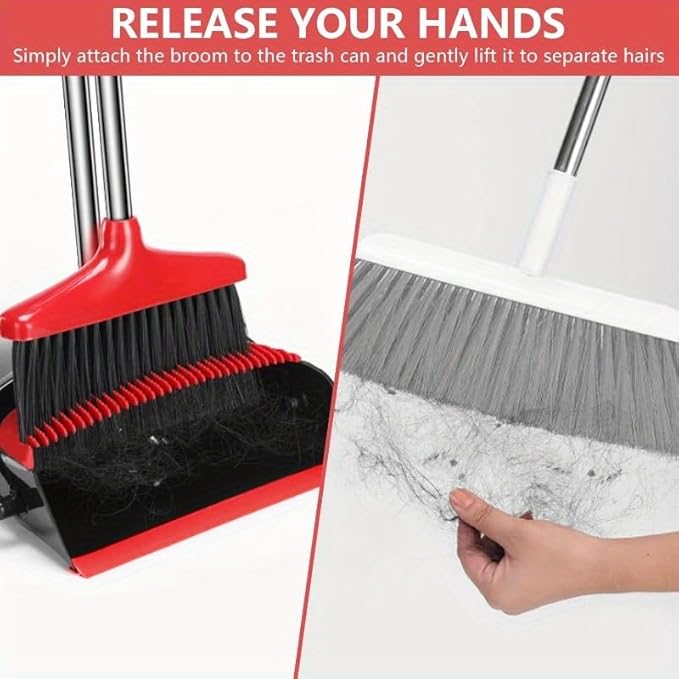 Broom and Dustpan Set, 43-in Long Adjustable Handle Broom Dustpan Combo,Automatically Clean Hair Suitable for Home Kitchen Office Hall Floor,Red
