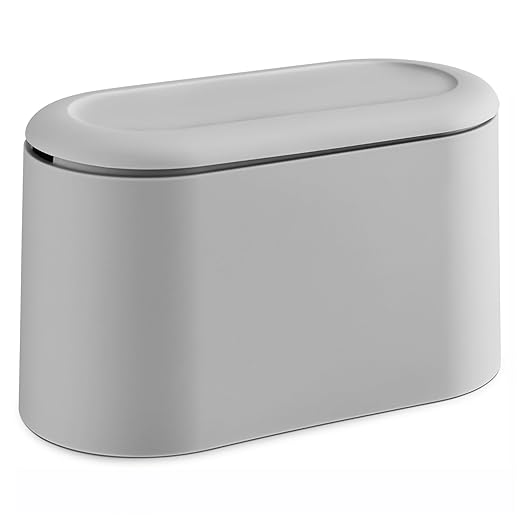 SUBEKYU 0.5 Gal Mini Countertop Trash Can with Lid for Desktop, Small Garbage Can for Office, Tiny Wastebasket, Plastic, Light Grey