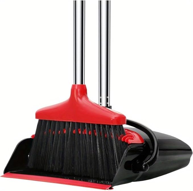 Loonpon Broom with Dustpan Combo Set, 43” Long Handle Broom and Dustpan Set, Upright Standing Dust Pan for Home and Kitchen, Brooms for Sweeping Indoor（Black&Red）