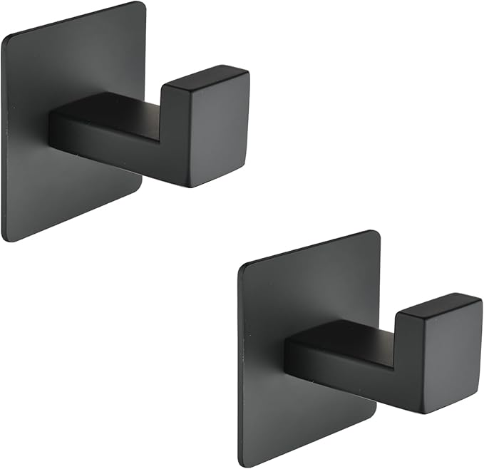 Matte Black Adhesive Hooks, 2-Pack Stainless Steel Right Angle Hooks for Towels, Robes, Hats - No Drill Bathroom & Kitchen Organization, Rust-Proof for Smooth Surfaces