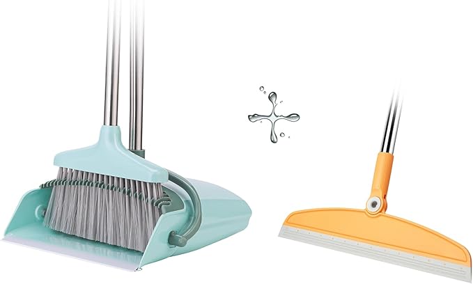XXFLOWER Broom and Dustpan Set+Silicone Air Broom,Multifunction Magic Broom with Long Handle，Adjustable Rubber Squeegee Sweeping Water for Indoor Hardwood Floors,Kitchen,Concrete Floor