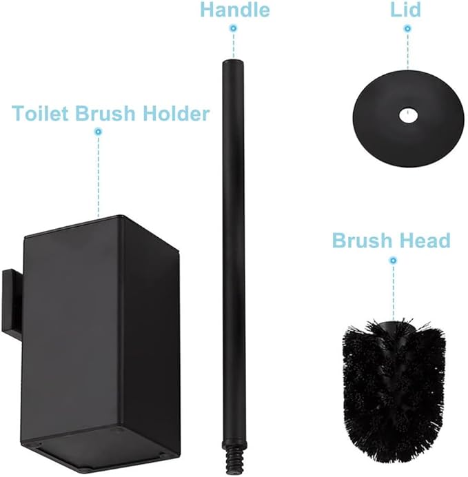 Toilet Brush and Holder Set Wall Mount or Freestanding KWQKEM Modern Toilet Bowl Cleaners Brush and Holder with Lid 304 Stainless Steel (Matte Black)
