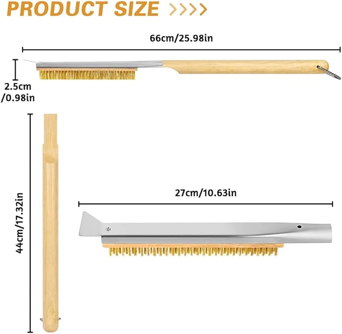 Pizza Oven Brush, 26" Brush and Stainless Steel Scraper for Pizza Stone, BBQ Grill Cleaning Brush Non Scratch Heat Proof Brass Bristles with Screwdriver, Outdoor Pizza Oven and Accessories