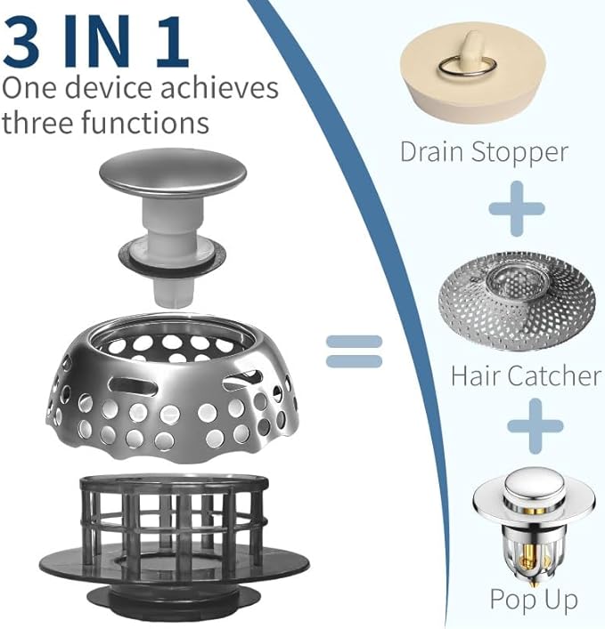 3 in 1 Bathtub Stopper,Bathtub Drain Hair Catcher,Replaces Lift and Turn,Tip-Toe and Trip Lever drains for Tub,Suitable for 1.4-1.84 inch Bath Drain Hole