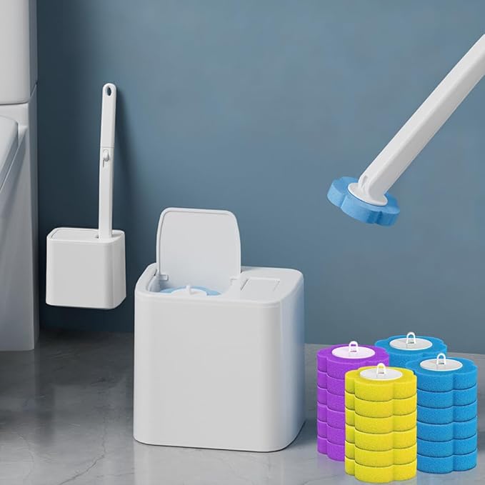 Disposable Toilet Brush Set with Holder, Angled Cleaning Wand with 24 Refill Heads, Wall-Mounted Hygienic Toilet Cleaner (Ocean, Lemon, Lavender Scents)