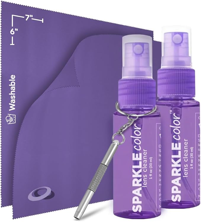 Sparkle Anti-Reflective Safe Lens Cleaner & Repair Kit – (2) 1oz Glasses Cleaner Spray, (2) Microfiber Cloth & Keychain Screwdriver for Eyeglasses, Sunglasses, Lenses & Screens (5 Piece Set)