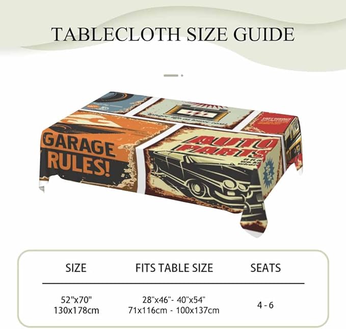 Vintage Car Tin Signs Table Linens 52x70 Old Rusty Posters Retro Auto Service Flyer Table Cloth Rectangle Table for Dining Kitchen Banquet Party Decorative Outdoor Picnic