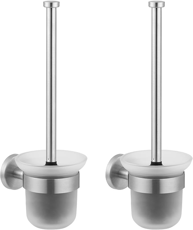 Dailyart Toilet Brush Holder Set: 2 Pack Bathroom Deep Cleaning - Stainless Steel & Glass Toilet Cleaner with Ergonomic Design - No Drilling Wall Mounting