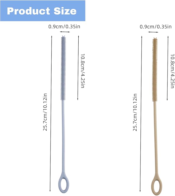 4Pcs Reusable Silicone Straw Cleaner Brush Extra Long, Soft Bendable, Non-Slip Handle for Glass Metal Smoothie Straws (Blue&Brown)