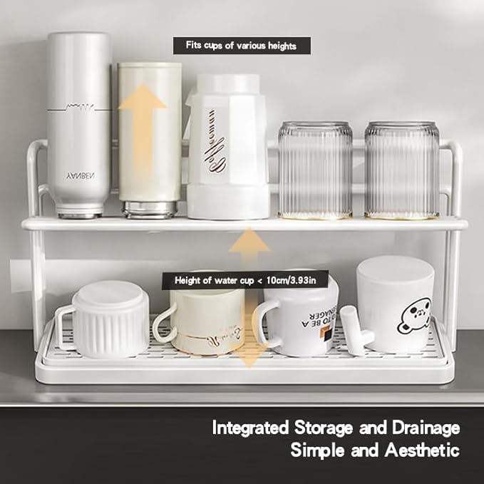 2-Tier Space-Saving Drain Rack with Removable Tray, Cup Storage Rack for Kitchen Sink, Dish Drying Organizer (White)