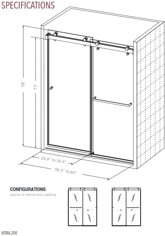 VITRA-200X 56.5-59" W x 78" High 3/8" Twinglide Frameless Shower Door with (10mm) Rain Tempered Glass (Brushed Nickel)