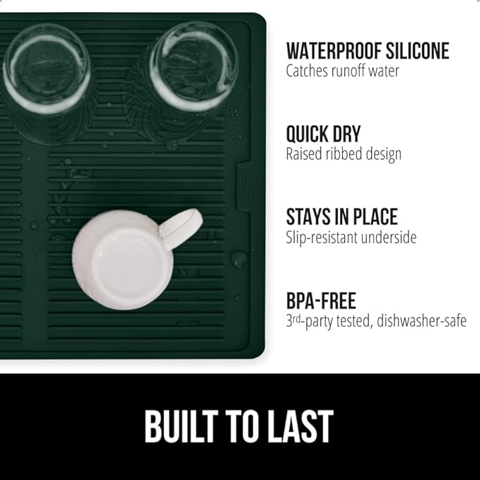 GORILLA GRIP 100% BPA-Free Silicone Dish Drying Mat for Kitchen Counter, 18x16, Quick Dry, Water Catching Ribbed Design, Easy Clean Waterproof Sink Liner, Heat Resistant, Fits Under Rack, Hunter Green