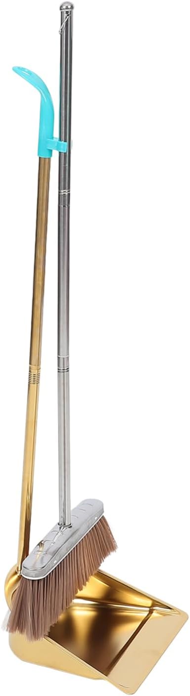 ABOOFAN Heavy Duty Gold Stainless Steel Dustpan and Broom Set with Long Handle for Home Kitchen Floor Cleaning Golden Broom and Dustpan Combination