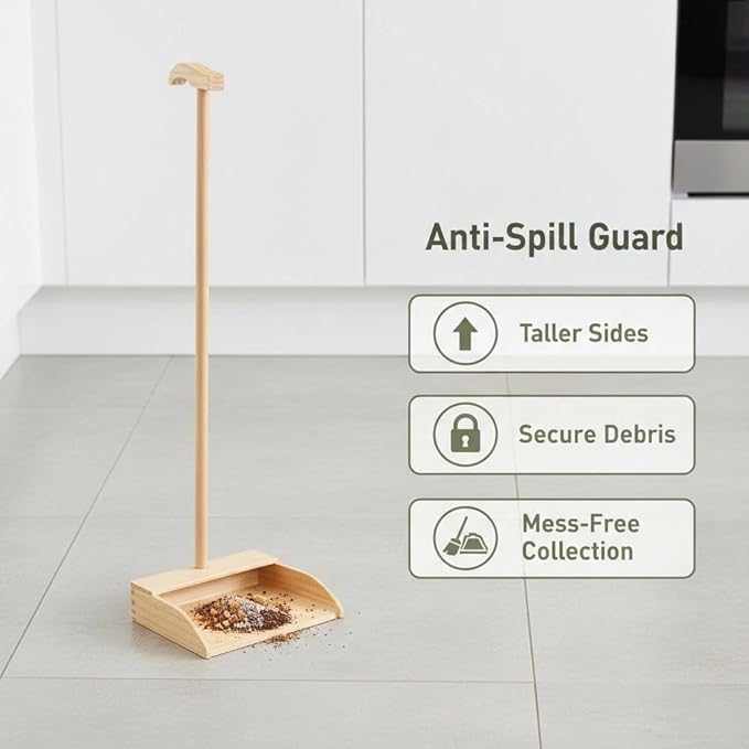 Wooden Dustpan – Long Handle Standing Dust Pan for Home, Lobby, Shop, Garage & Yard