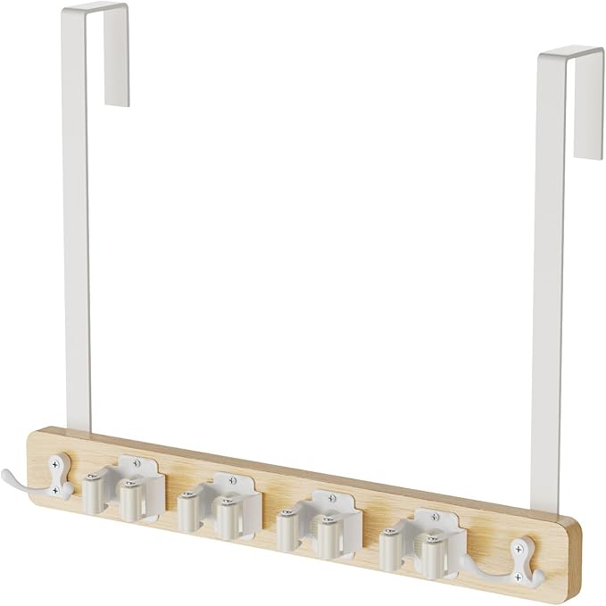 HULISEN Broom Holder Door Mount, Over the Door Broom and Mop Holder with 0.6" Thick Pads, Wood Mop Organizer Tool Hanger with 4 Racks & 2 Hooks for Laundry Cabinet Kitchen Garage, No Drills