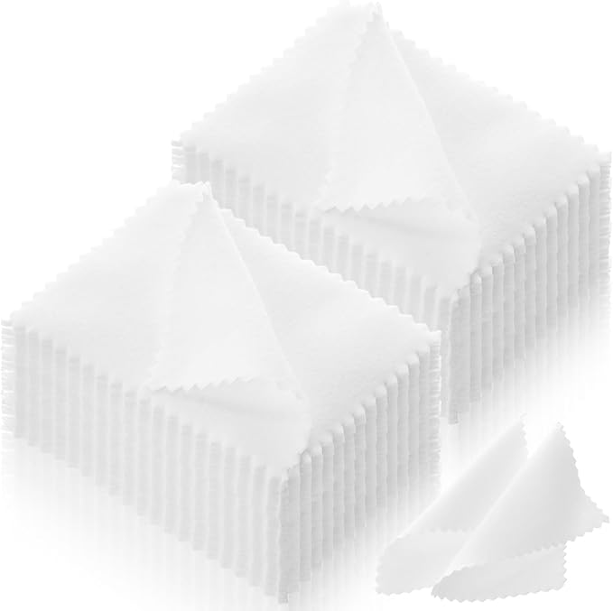 Tatuo 200 Pieces Jewelry Polishing Cloth 2.36 x 3.15 Inch Double-Sided Polishing Cloths Silver Glasses Cleaning Tools for Gold Silver and Platinum Jewelry Watch Coins Glasses(White)