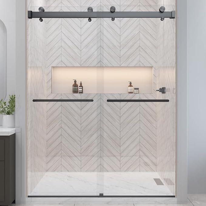 Twinglide VITRA-200 Frameless Shower Door 56.5-59" Width x 78" Height with 3/8" (10mm) Clear Tempered Glass (Matte Black Double Towel Bars)