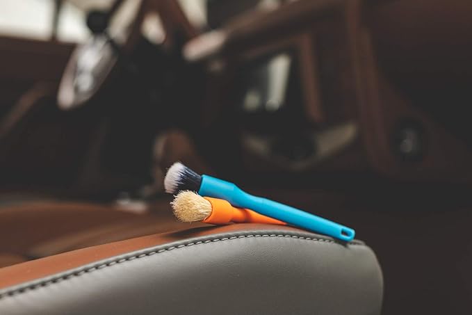 Detail Factory - Boar Hair Detailing Brush Short-Handle + Long-Handle Combo Kit - Comfortable Grip and Heavy-Duty Scrubbing for Interior, Exterior, Engine Bay, Wheels, Exhaust Tips, Red + Black